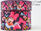 1.5" or 3" Wide Minnie with Hearts and Chevron Print Grosgrain Cheer Bow Ribbon