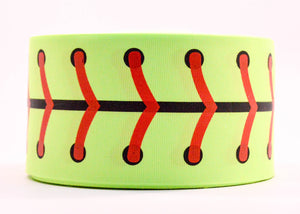 3" Wide Neon Green Baseball Stitch Printed Grosgrain Cheer Bow Ribbon