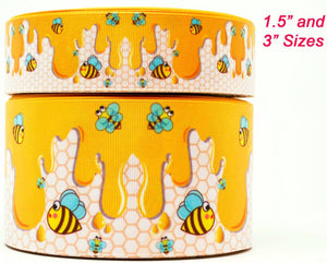 1.5" or 3" Wide Honey Bees Printed Grosgrain Cheer Bow Ribbon