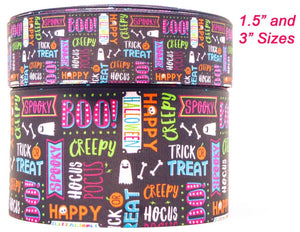 3"  Wide Black Halloween Collage and Ghosts Printed Grosgrain Cheer Bow Hair Bow Ribbon