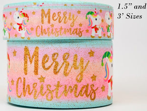 3"  Wide Pastel  Christmas Unicorn Printed Grosgrain Cheer Bow Ribbon