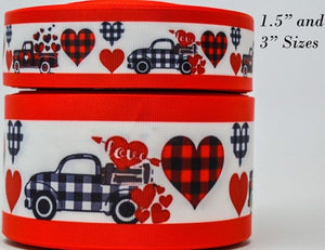 1.5" or 3"  Wide Black and Red Buffalo Plaid Truck & Hearts Print Grosgrain Cheer Bow Ribbon