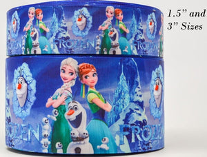 1.5" or 3"  Wide Blue Frozen 2  Printed Grosgrain Hairbow Ribbon for Crafts