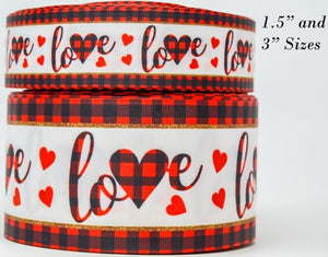 1.5" and 3" Wide Red Buffalo Plaid Love with Hearts Print Grosgrain Cheer Bow Ribbon