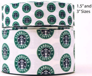 3" or 1.5" Wide Starbucks Collage on White Printed Grosgrain Cheer Bow Ribbon