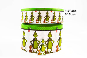 3"  Wide Holiday Grinch with Puppy with Polka Dot Stripe Printed Grosgrain Cheer Bow Ribbon