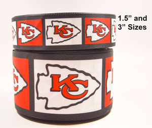 1.5" and 3" Wide - Best Quality Kansas City Chiefs Football Printed Grosgrain Hair Bow Ribbon for Wreaths, Crafts and Decorations