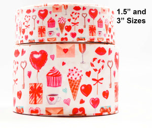 1.5" or 3" Wide Valentine Ice Cream and Hearts Printed Grosgrain Hair Bow Ribbon