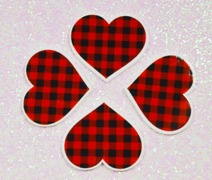 4 Quantity - 37mmx32mm Glossy Flat Back Valentine Red with Black Stripes - Buffalo Plaid Heart for Hair Bows or CraftsBows or Crafts