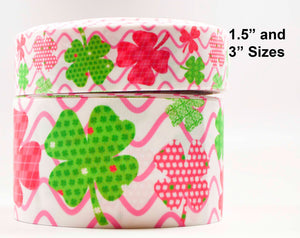 1.5" or 3"  Wide St. Patrick's Day Pink and Green Chevron Shamrocks Printed Grosgrain Hair Bow Ribbon