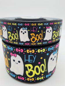 3"  Wide Black Halloween Hey BOO Ghosts and Neon Words Printed Grosgrain Cheer Bow Hair Bow Ribbon