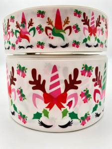 3"  Wide Christmas Reindeer and Holly with Bows Printed Grosgrain Hair Bow Ribbon for Crafts