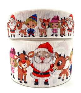 3"  Wide Holiday Rudolph the Reindeer and Family with Santa Printed Grosgrain Hair Bow Ribbon for Crafts